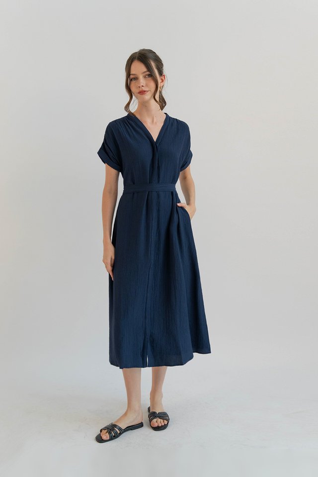 NELLIE TEXTURED BUTTONDOWN DRESS NAVY