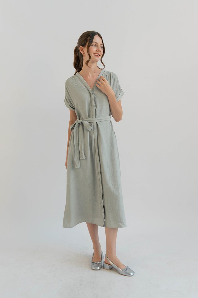 NELLIE TEXTURED BUTTONDOWN DRESS SAGE