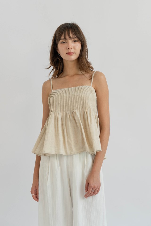 SANA PINTUCK LINEN CAMISOLE TOP SAND
