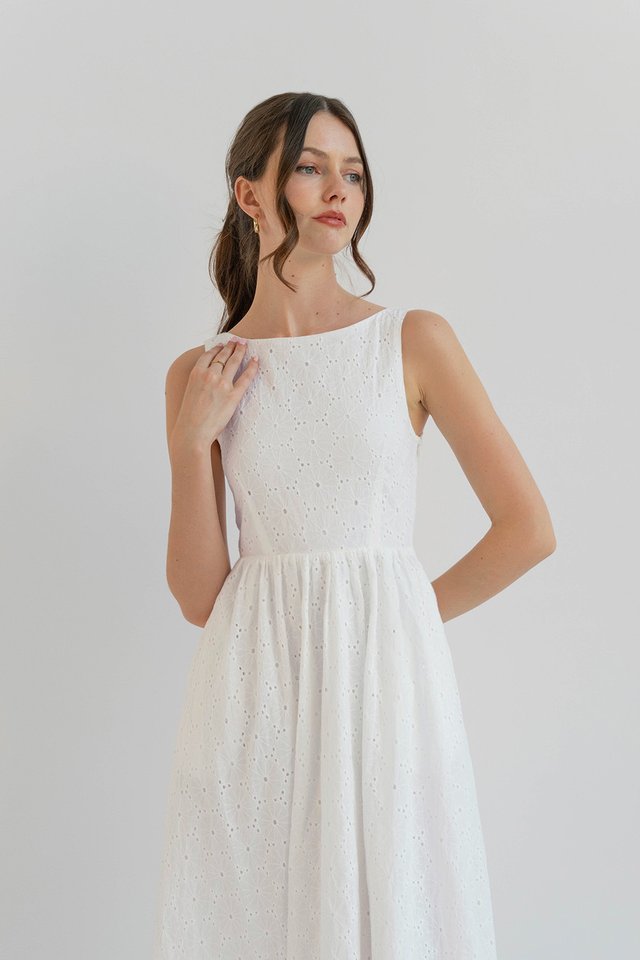 SHAWNA BOATNECK DRESS WHITE EYELET