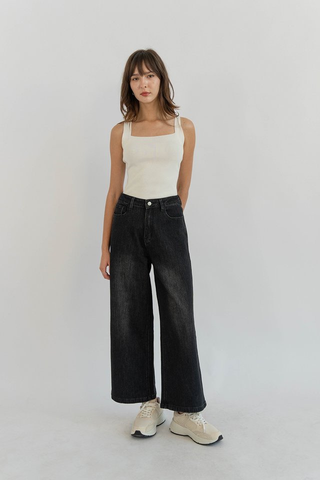 ABEL MIDRISE WIDE DENIM JEANS (PETITE) WASHED BLACK