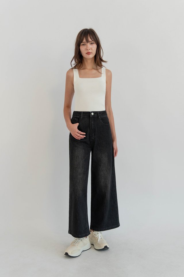 ABEL MIDRISE WIDE DENIM JEANS (PETITE) WASHED BLACK