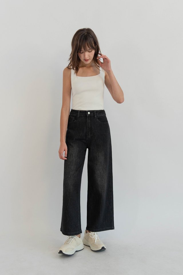 ABEL MIDRISE WIDE DENIM JEANS (PETITE) WASHED BLACK