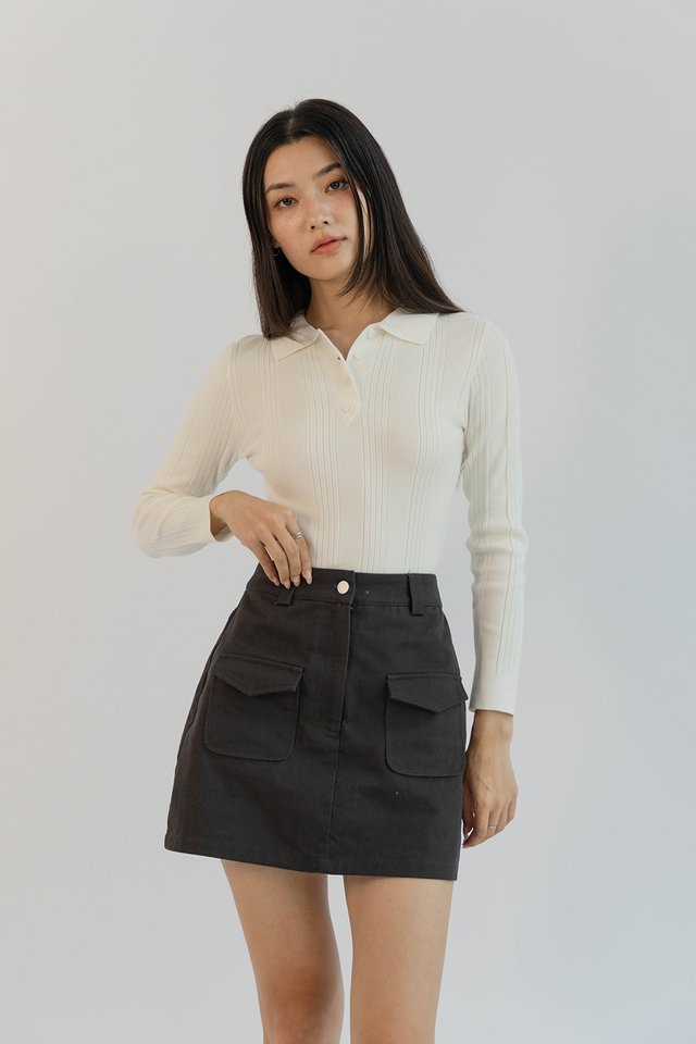 CRUZ LONG SLEEVE POLO KNIT TOP WHITE