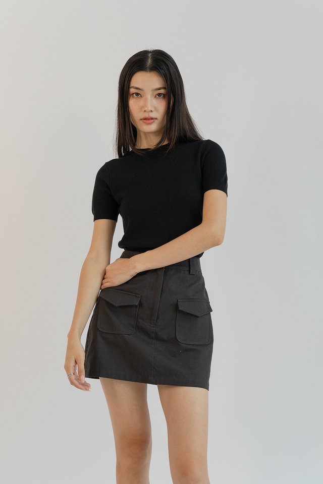DENISE SHORT SLEEVE KNIT TOP BLACK