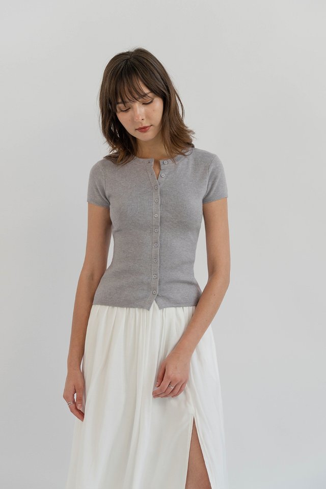 ELIZABETH CAPSLEEVE BUTTON KNIT TOP HEATHER GREY
