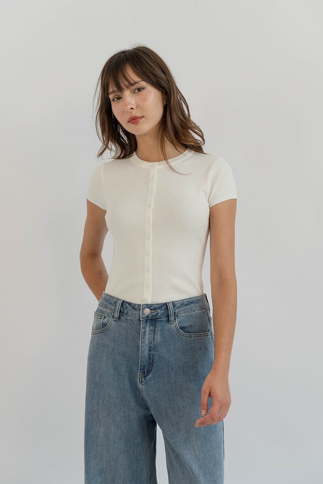 ELIZABETH CAPSLEEVE BUTTON KNIT TOP WHITE