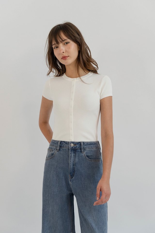 ELIZABETH CAPSLEEVE BUTTON KNIT TOP WHITE