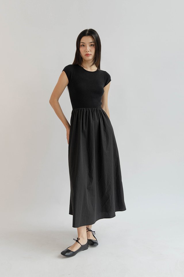 KATIE CAP SLEEVE MIXED MATERIAL DRESS BLACK