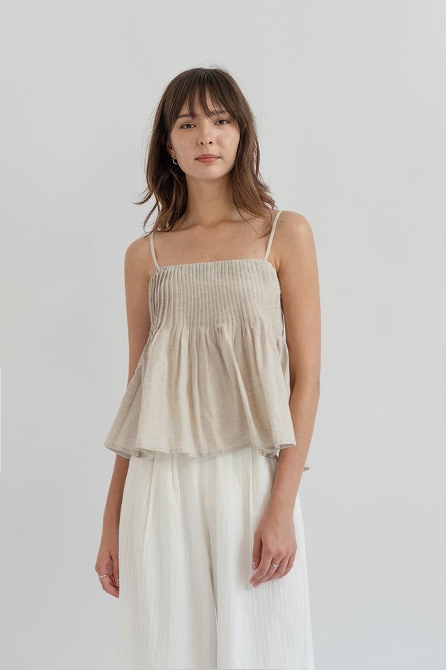SANA PINTUCK LINEN CAMISOLE TOP SAND