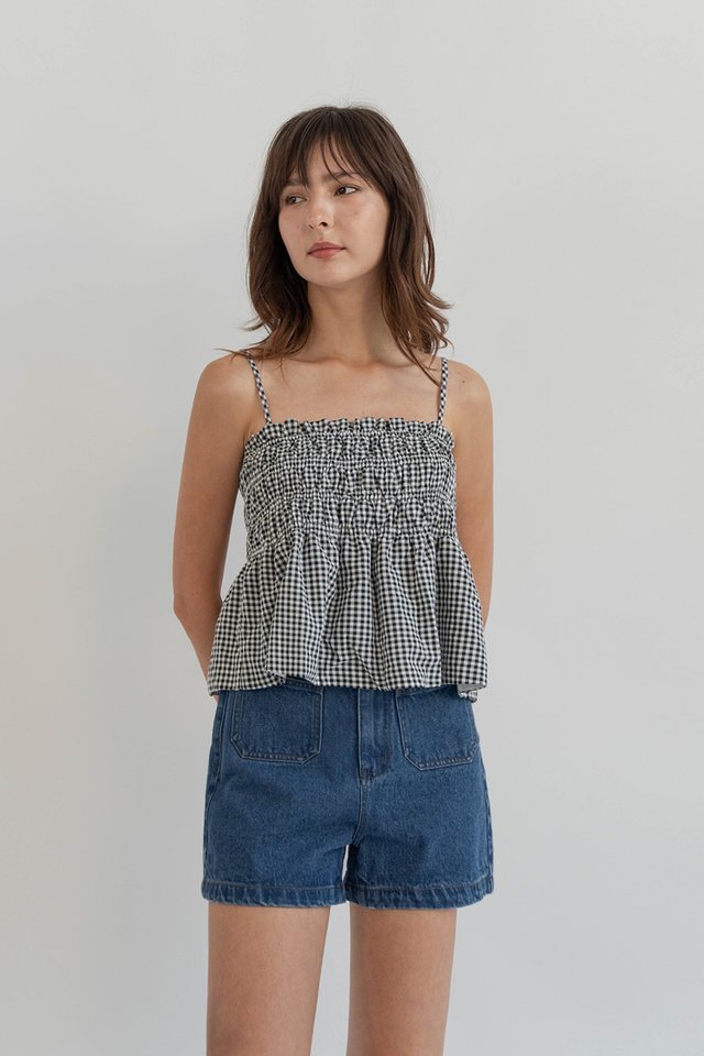 TALLULA GINGHAM BABYDOLL TOP BLACK