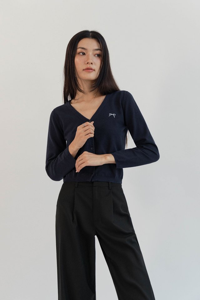 ALIYA RIBBON EMBROIDERY CARDIGAN TOP NAVY