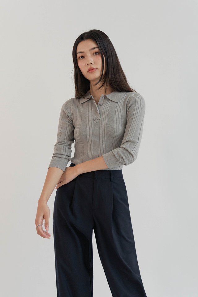CRUZ LONG SLEEVE POLO KNIT TOP HEATHER