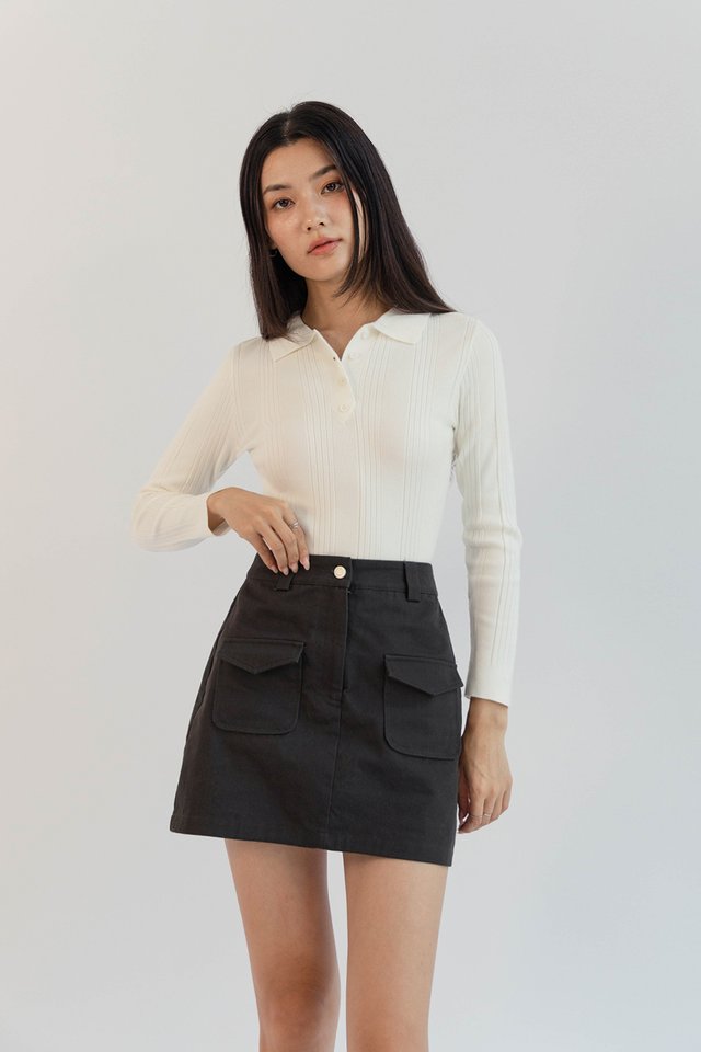 CRUZ LONG SLEEVE POLO KNIT TOP WHITE