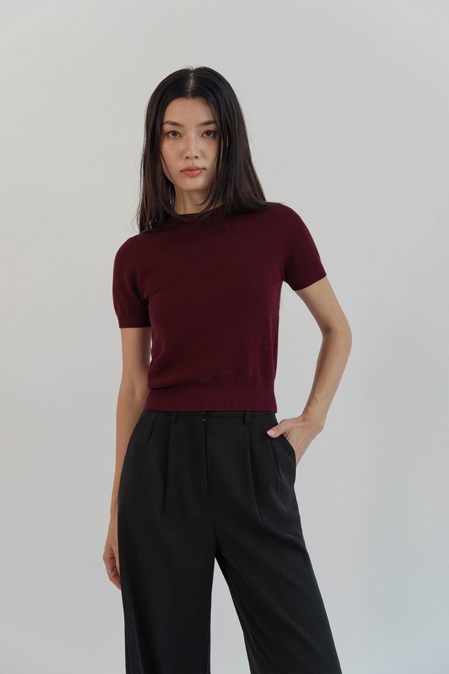 DENISE SHORT SLEEVE KNIT TOP BURGUNDY