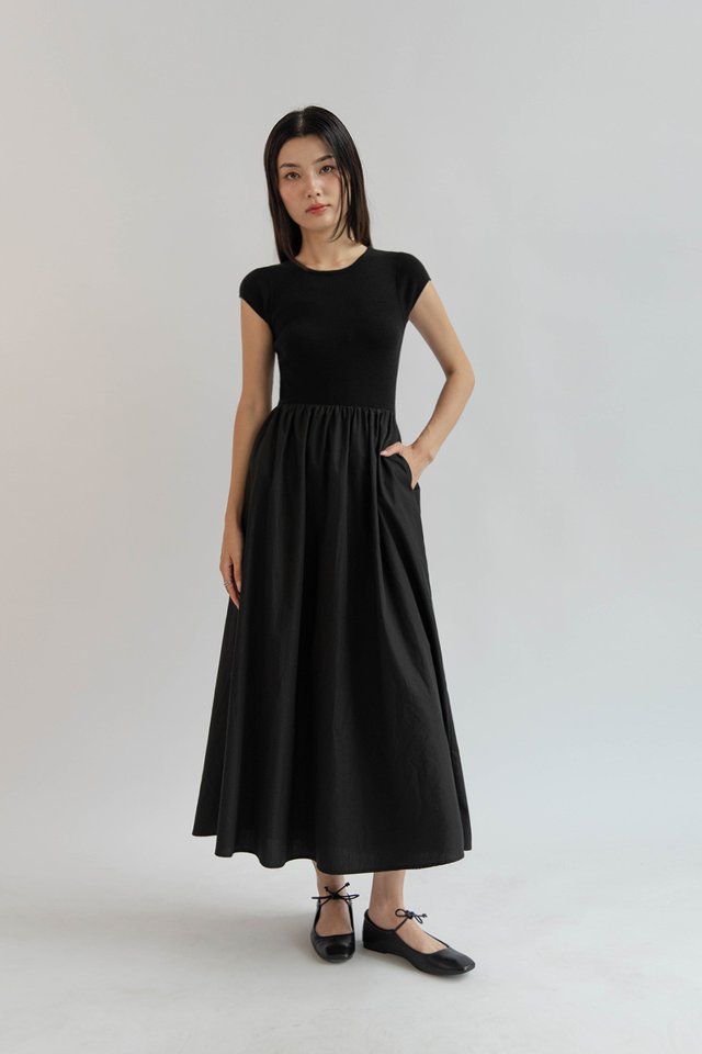KATIE CAP SLEEVE MIXED MATERIAL DRESS BLACK