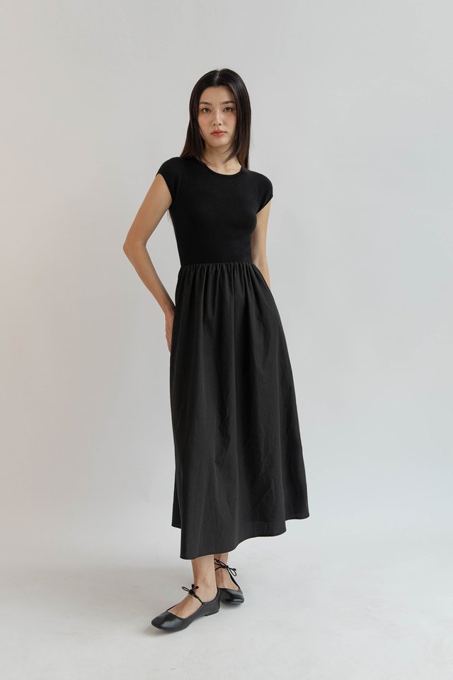 KATIE CAP SLEEVE MIXED MATERIAL DRESS BLACK