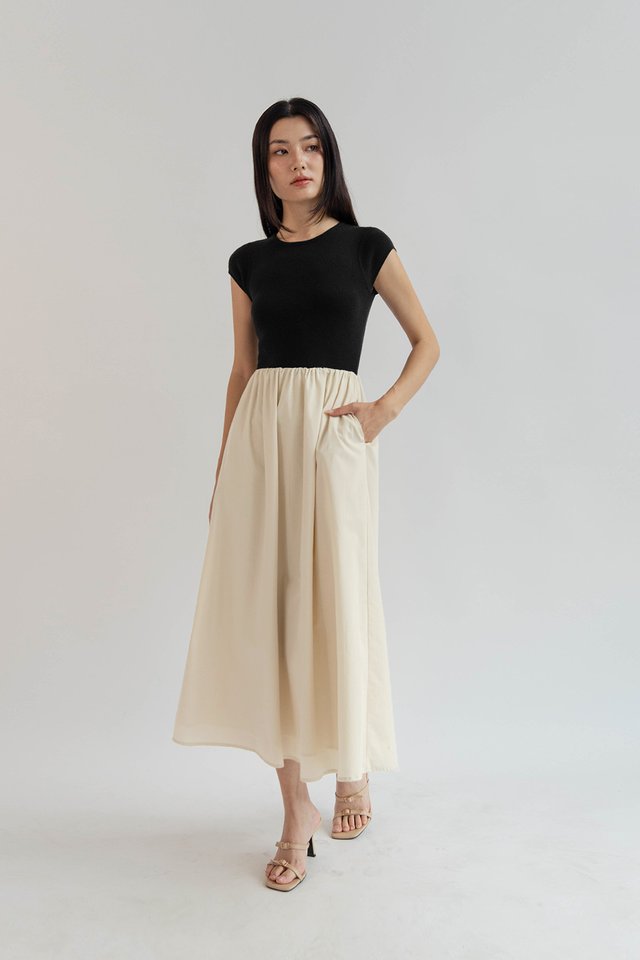 KATIE CAP SLEEVE MIXED MATERIAL DRESS CREAM