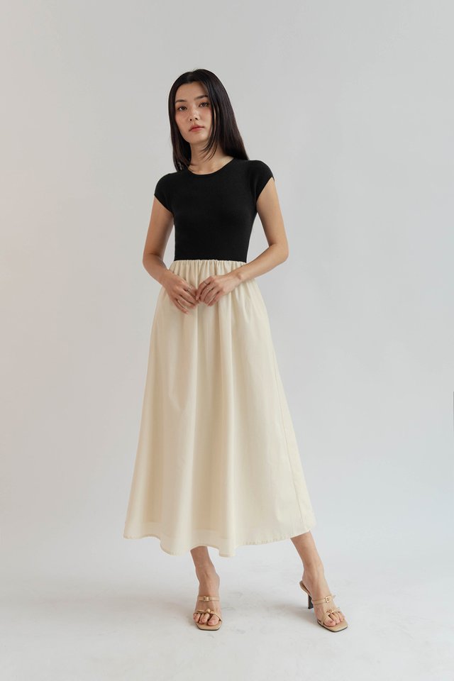 KATIE CAP SLEEVE MIXED MATERIAL DRESS CREAM