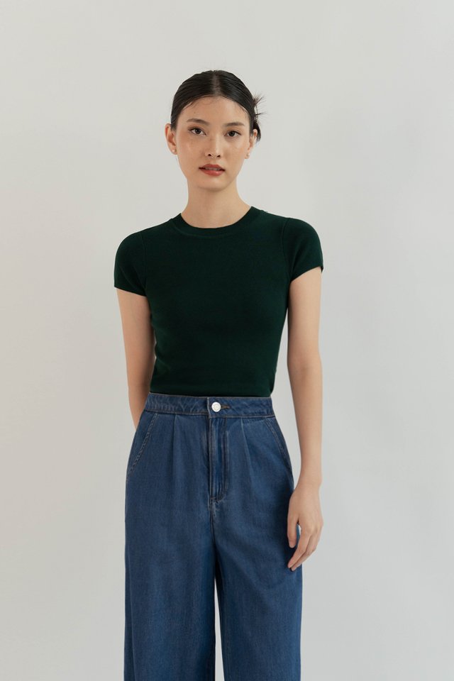 BETH CAPSLEEVE HIGH NECK KNIT TOP DARK GREEN