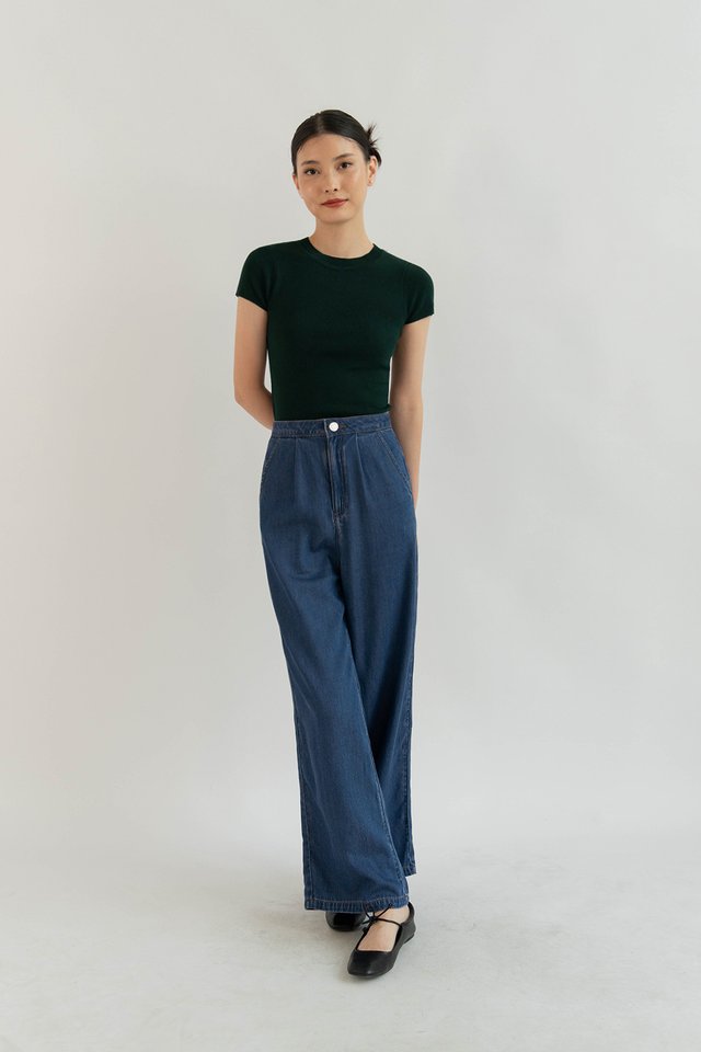 BETH CAPSLEEVE HIGH NECK KNIT TOP DARK GREEN