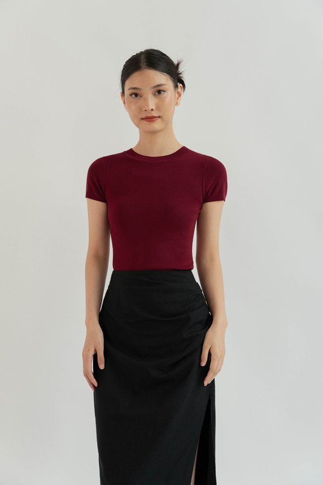 BETH CAPSLEEVE HIGH NECK KNIT TOP MERLOT