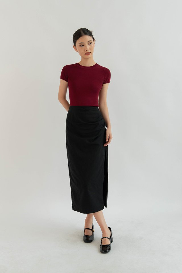 YARA RUCHED LINEN SKIRT BLACK