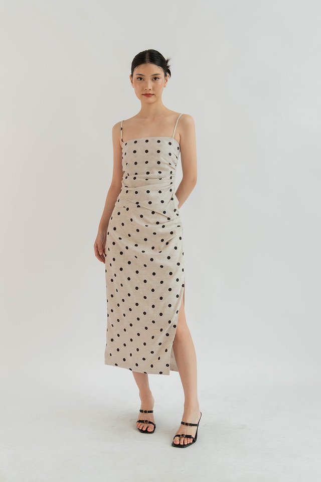 YARA RUCHED LINEN SKIRT POLKA