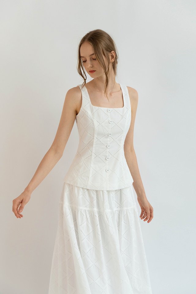 ALEGRA BUTTON VEST TOP WHITE EYELET