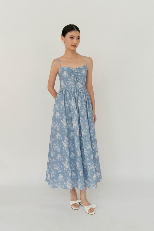LUNARIA FLORAL FLARE LINEN DRESS BLUE