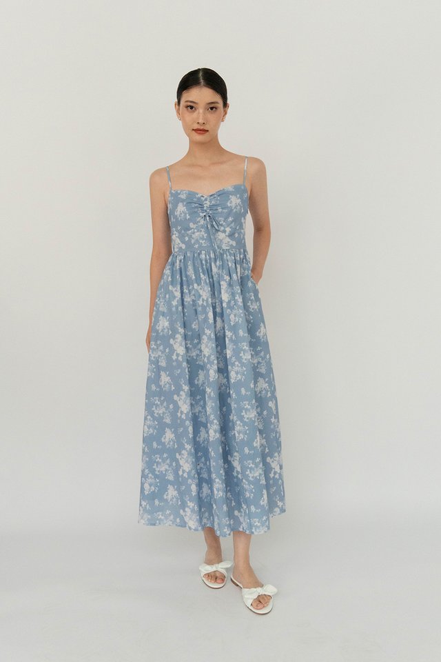 LUNARIA FLORAL FLARE LINEN DRESS BLUE