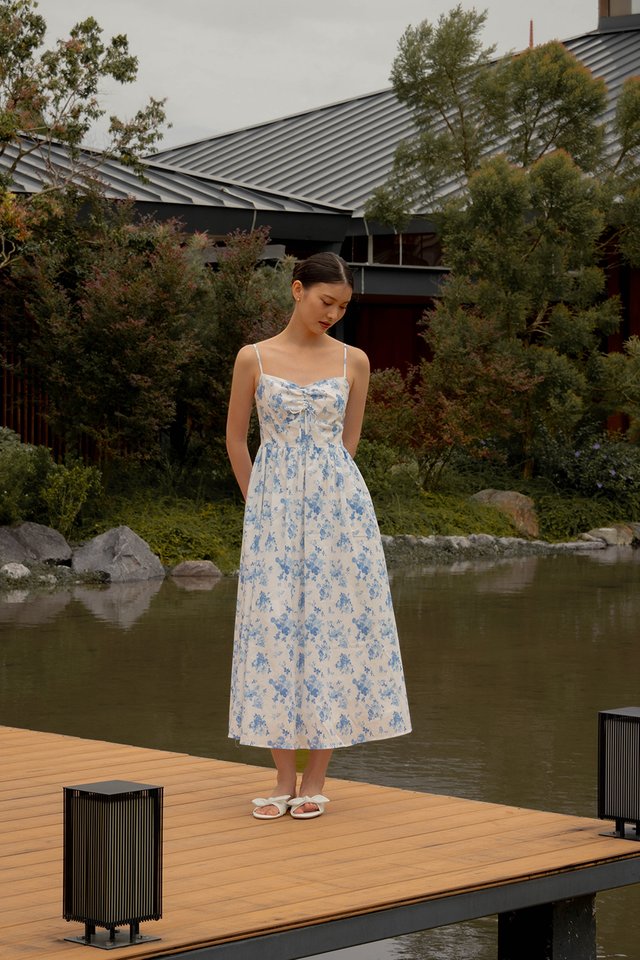 LUNARIA FLORAL FLARE LINEN DRESS WHITE