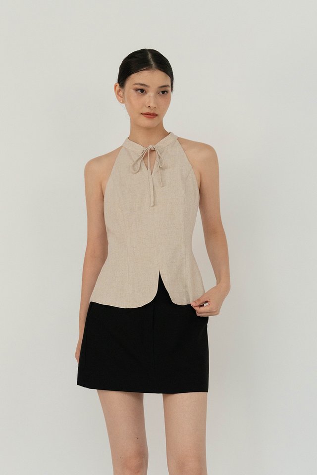 QIAN HIGH NECK LINEN TOP SAND