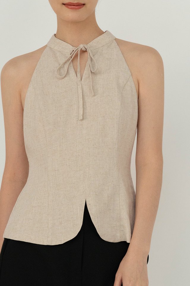 QIAN HIGH NECK LINEN TOP SAND