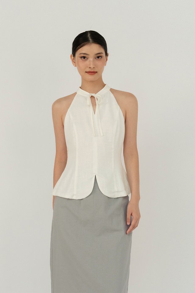 QIAN HIGH NECK LINEN TOP WHITE