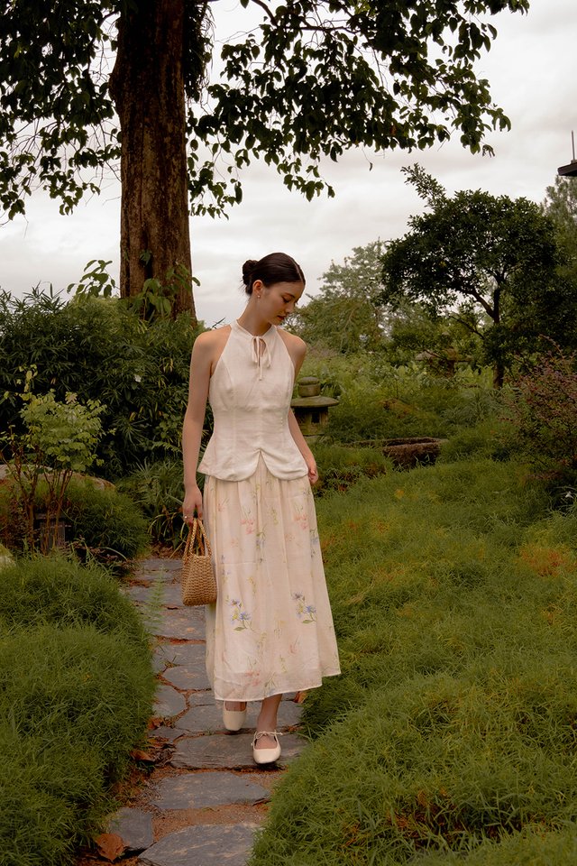 QIAN HIGH NECK LINEN TOP WHITE