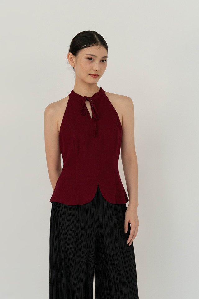 QIAN HIGH NECK LINEN TOP WINE