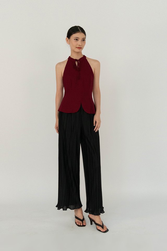 QIAN HIGH NECK LINEN TOP WINE