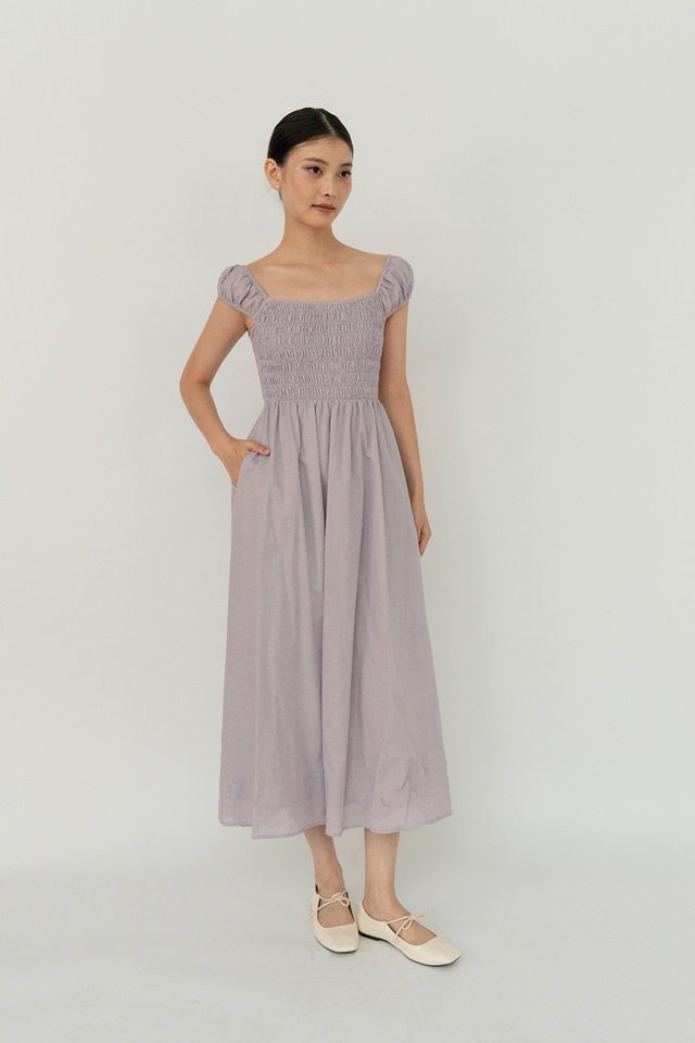 SOLENE SMOCKED LINEN DRESS MIST