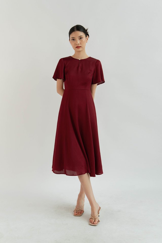 XUE FLUTTER SLEEVE DRESS WINE