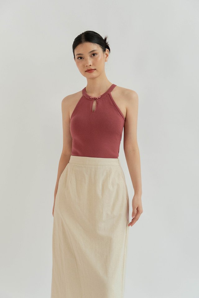 YAN MANDARIN COLLAR CHEONGSUM KNIT TOP (PADDED) CEDAR