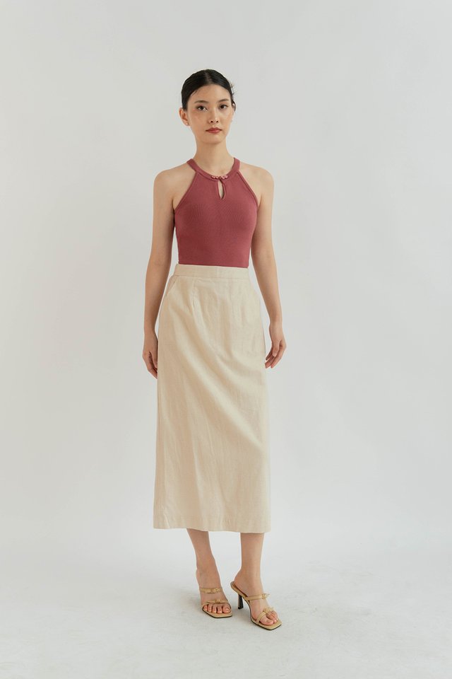 YAN MANDARIN COLLAR CHEONGSUM KNIT TOP (PADDED) CEDAR