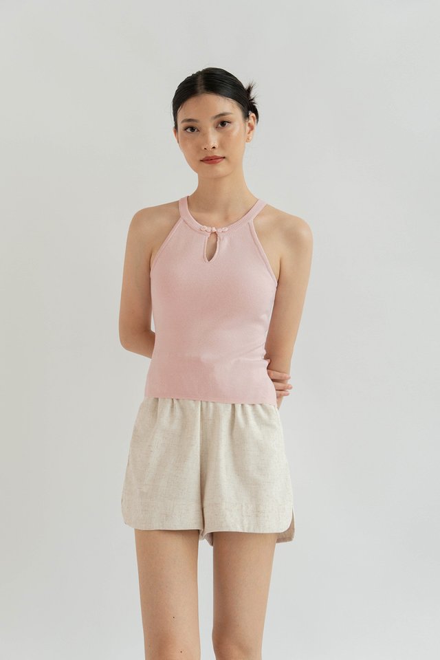 YAN MANDARIN COLLAR CHEONGSUM KNIT TOP (PADDED) SWEETPEA PINK