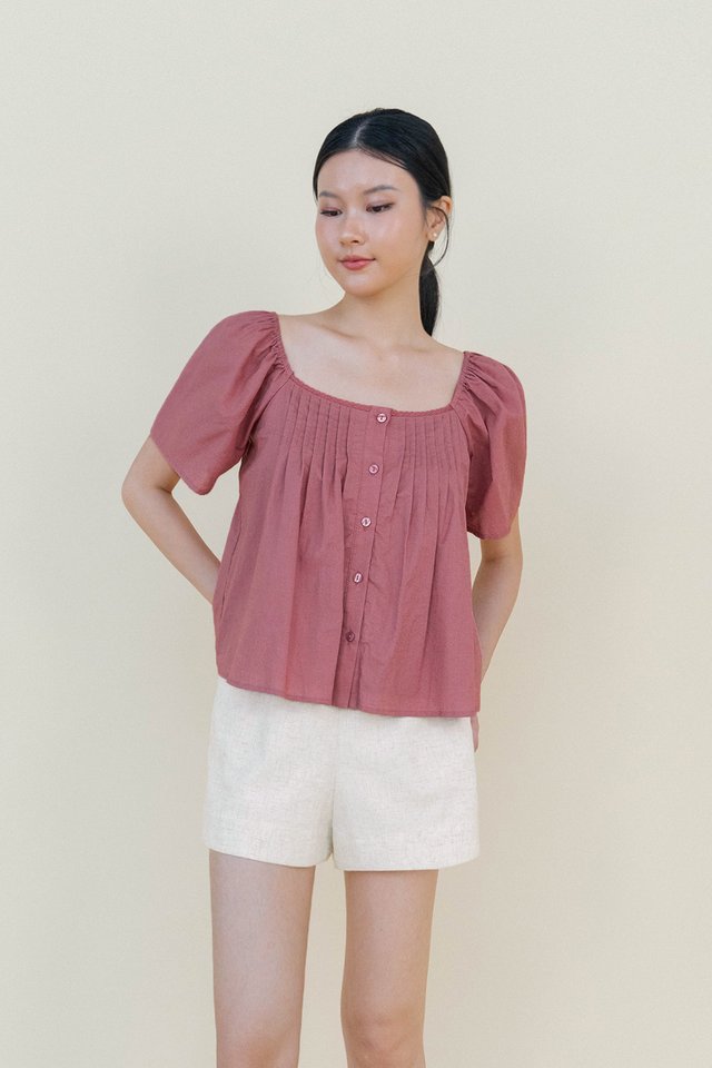 GEORGIA FLUTTER SLEEVE LINEN TOP PINK