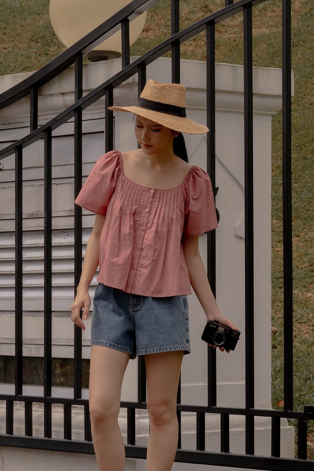 GEORGIA FLUTTER SLEEVE LINEN TOP PINK