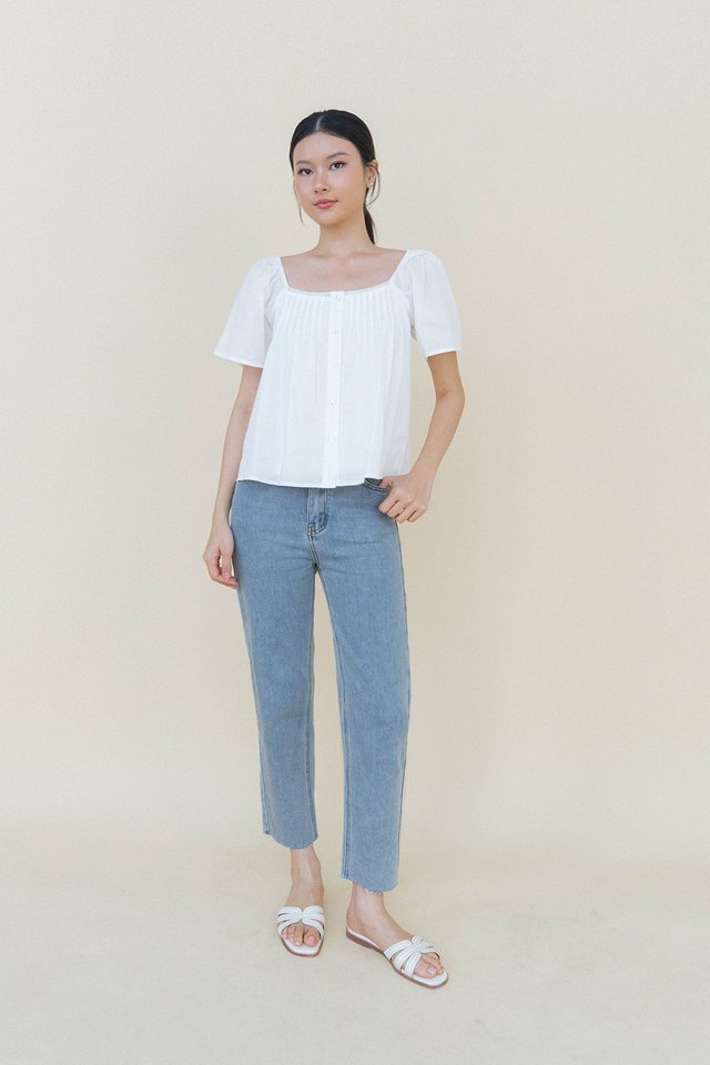 GEORGIA FLUTTER SLEEVE LINEN TOP WHITE