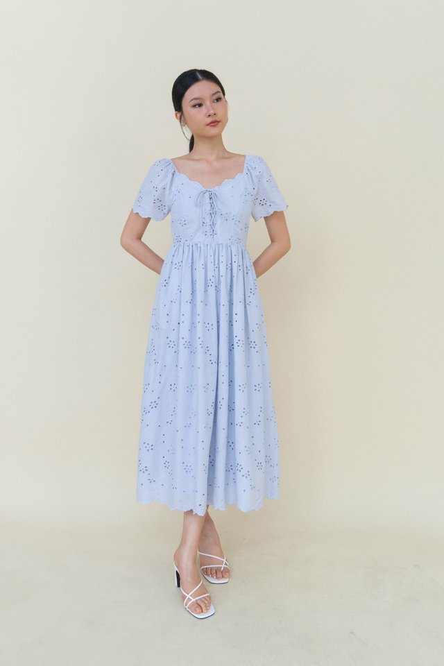 LILIA EYELET FLUTTER SLEEVE DRESS BLUEBELL
