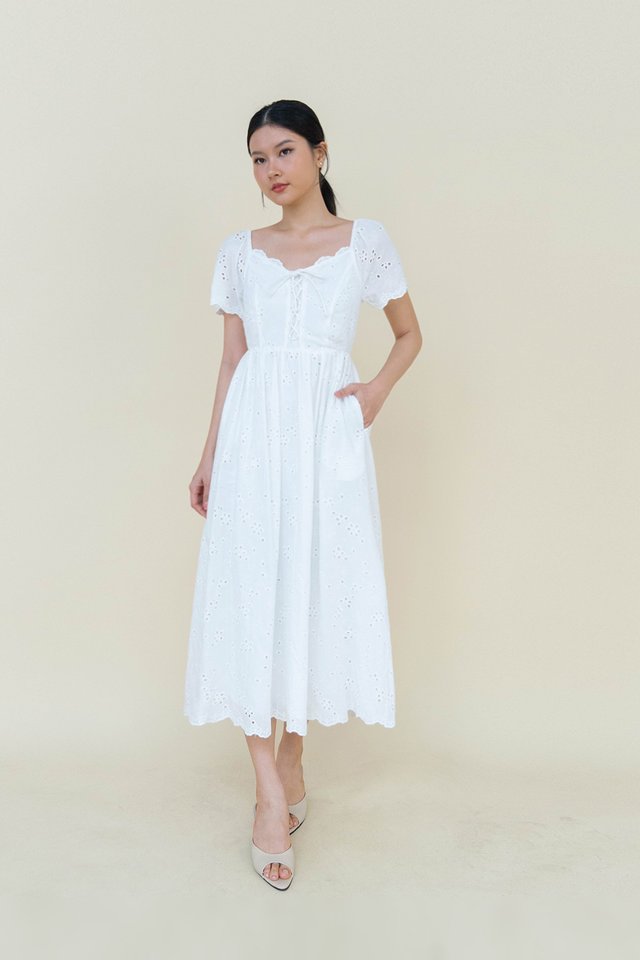 LILIA EYELET FLUTTER SLEEVE DRESS WHITE