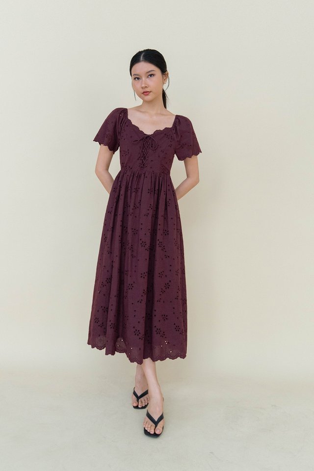 LILIA EYELET FLUTTER SLEEVE DRESS WINE