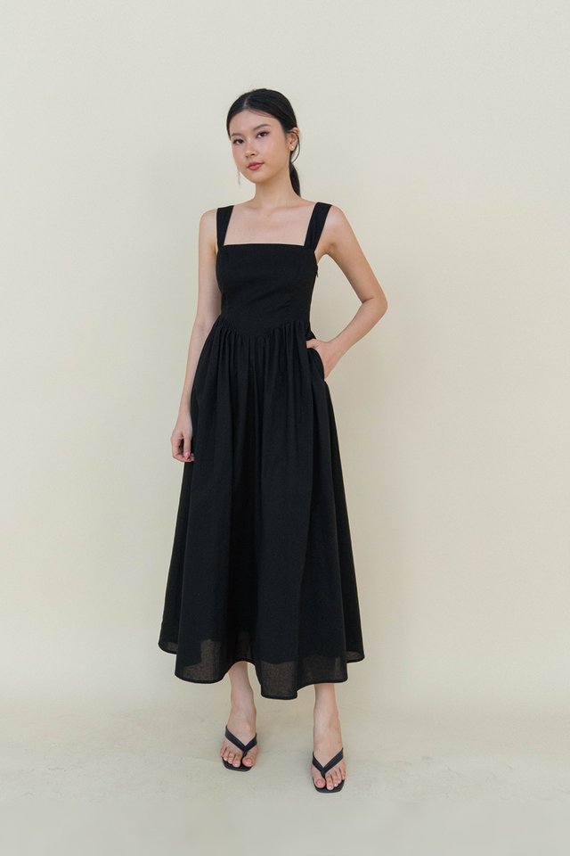 LILY SQUARE NECK LINEN DRESS BLACK